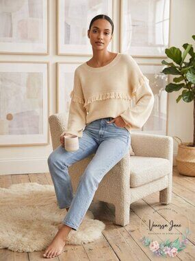 Joie Womens Beige Fringed Ribbed Pullover Sweater, Size XS